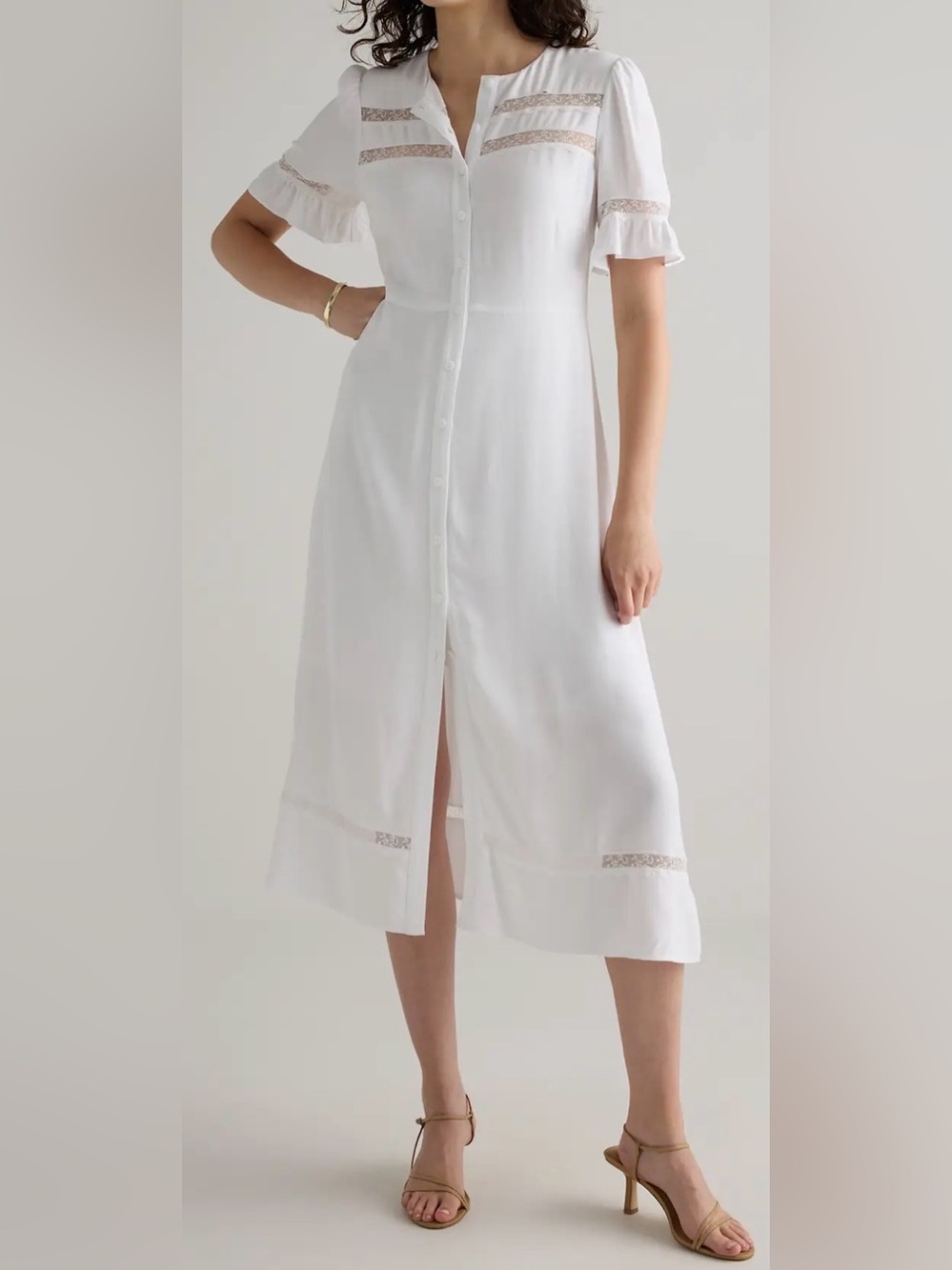 NWT Quince Women Sz M Lightweight Crepe Lace Inset Midi Dress White Ivory Boho